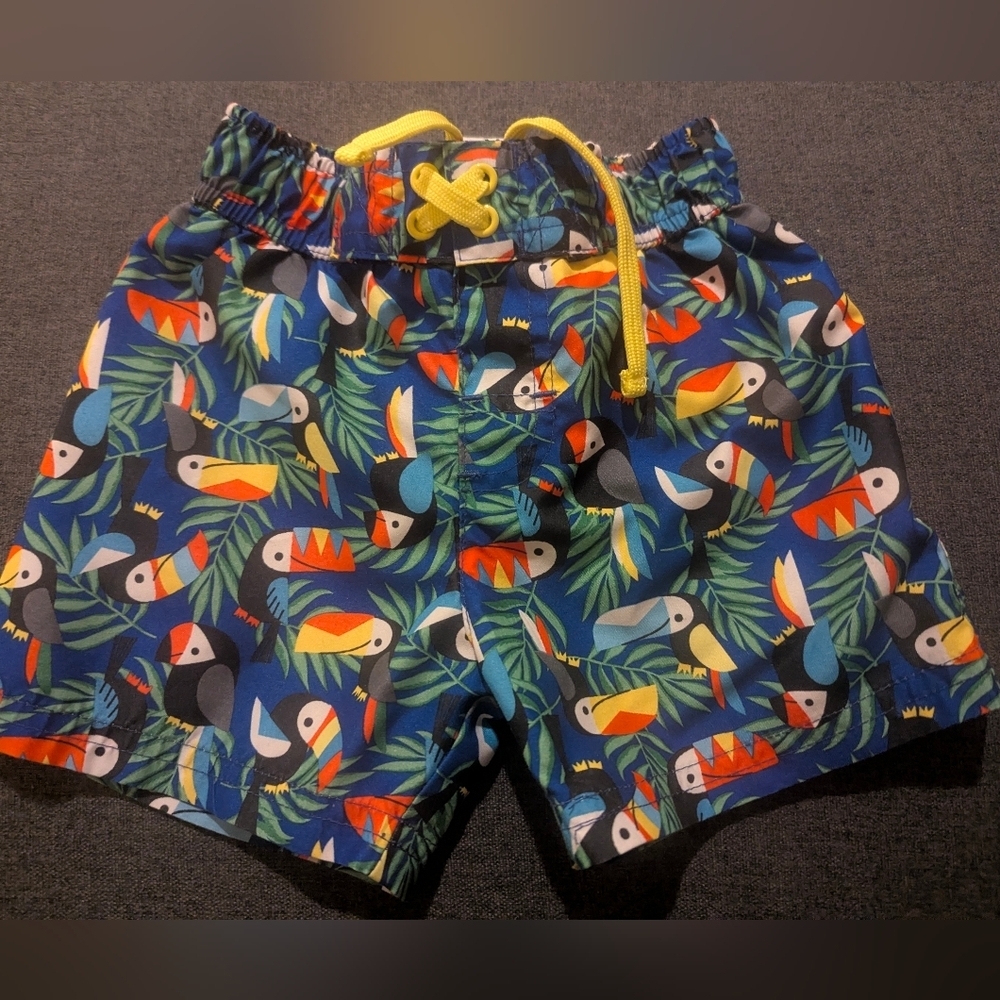 Cat & Jack Blue Toucan Print Swim Shorts with Yellow Drawstring